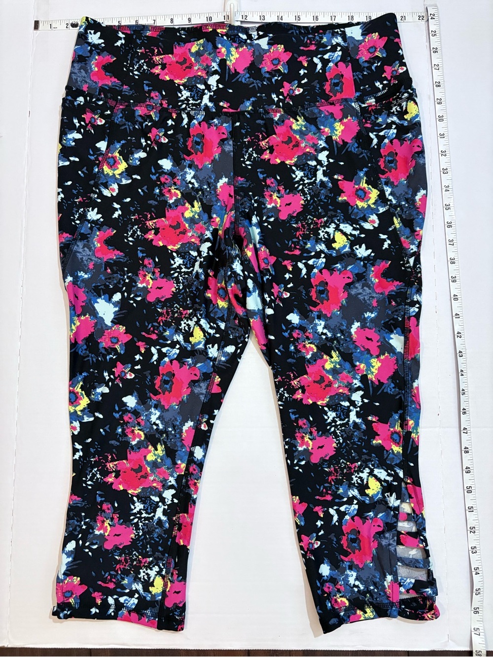 Lane Bryant Black Floral Capri Leggings with Pink & Blue Accents